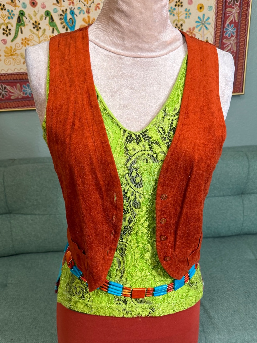 Vintage Burnt Orange Rust Tie-Back Lightweight Comfy Festival Vest S